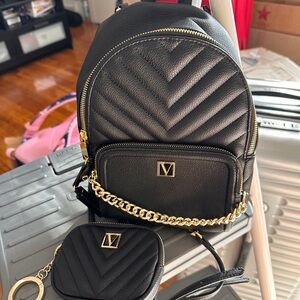 Victoria's Secret Black Backpack with Gold Chain Detail with purse